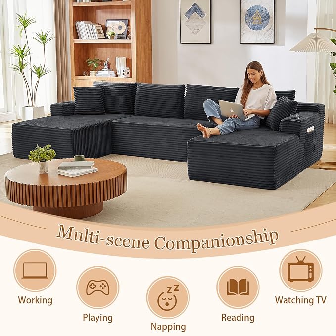 125" Modular Sectional Sleeper Sofa, Boneless Cloud Couch for Living Room, U Shaped 5 Seat Sofa with 2 Storage Pockets& 2 Cup Holders, Free Combination, No Assembly Required (Dark Grey, 125")