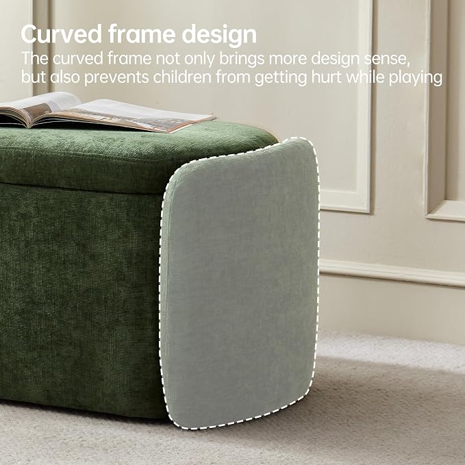 VKNOW 46" Oval Storage Ottoman Bench, Upholstered End of Bed Bench Ottomans Bench Foot Rest, Sherpa Storage Bench for Bedroom, Living Room and Hallway, Green
