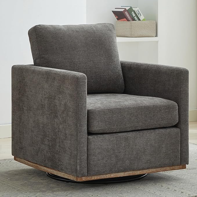 Swivel Accent Chair, 360 Degree Square Swivel Barrel Chair for Living Room, Mid Century Modern Upholstered Accent Chair,Comfy Sofa Armchairs for Bedroom,Nursery,Chenille, Charcoal Black