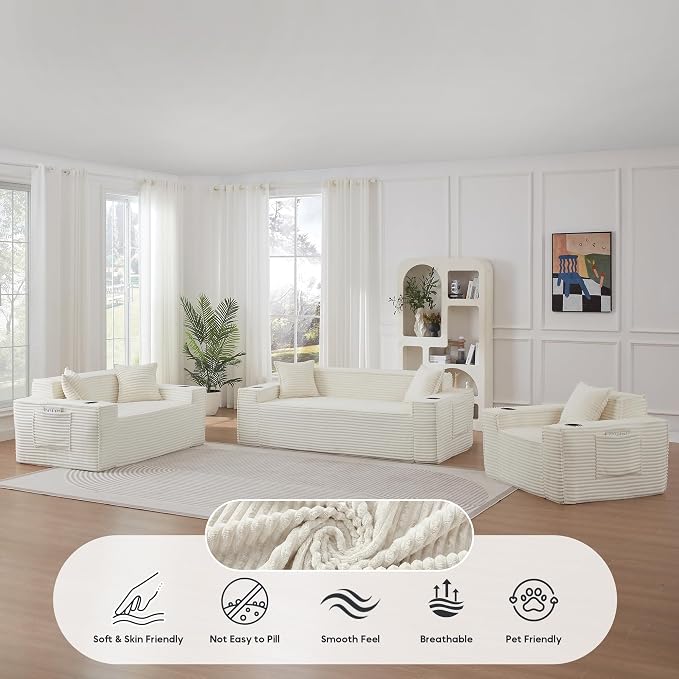 Boneless Sectional Sofa 3 Piece Set with Cup Holders & Side Pockets, Luxury Corduroy Fabric Deep Seat Cloud Couch Living Room, Office, No Assembly (White)
