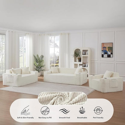 Boneless Sectional Sofa 3 Piece Set with Cup Holders & Side Pockets, Luxury Corduroy Fabric Deep Seat Cloud Couch Living Room, Office, No Assembly (White)