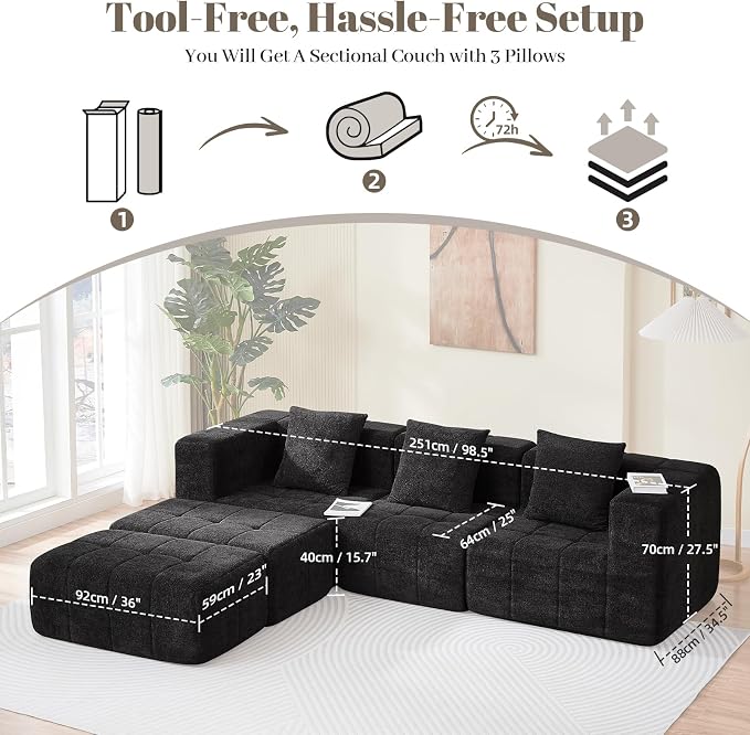 Modular Sectional Sofa with Deep Seat, 98'' Boneless Cloud Couch No Assembly Required, Modern Plush Corduroy Cloud Couches for Living Room & Apartment (3 Seat w/ 2 Ottoman), Black