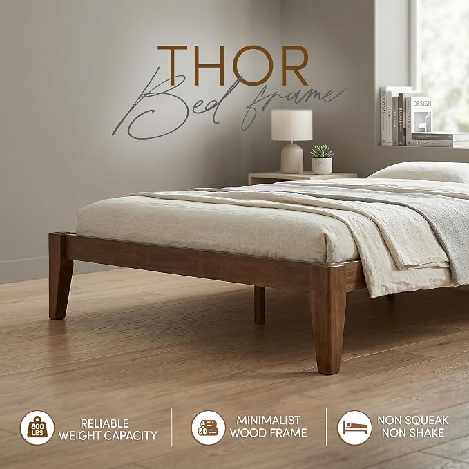Thor Premium Solid Wood Bed Frame Queen, Japanese Joinery Bed Frame with Wood Slat Support, Platform Bed, No Box Spring Needed, Easy Assembly, Minimalist & Modern Style (Walnut)