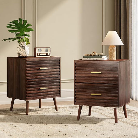 WLIVE Nightstands Set of 2, Mid Century Modern Bedside Tables with Fluted Drawers, Walnut Wood End Table with Storage for Bedroom, Accent Furniture