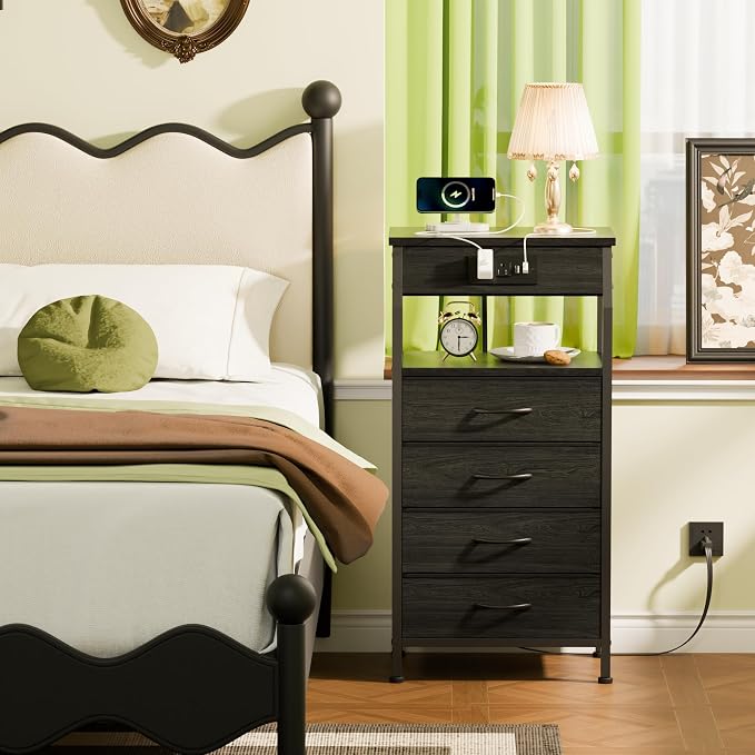 Furnulem Night Stand with Charging Station, 4 Drawer Dresser with Storage Shelf, 33.3 Inch Tall Side Table, Fabric End Table for Closet, Entryway, Bedside Furniture, 3 Ways to Use, Black Oak
