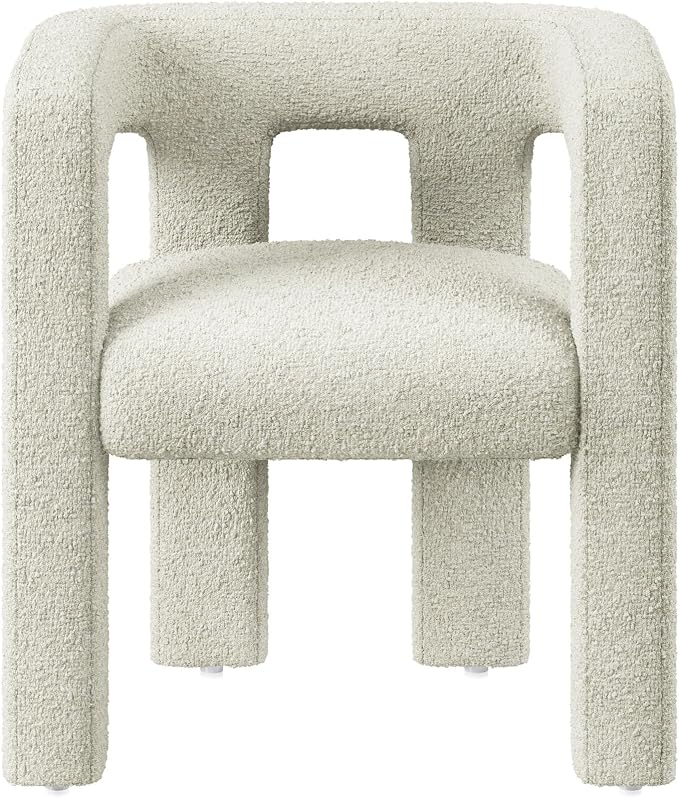 BELLEZE Modern Boucle Barrel Dining Chair, Upholstered Linen Kitchen Boucle Armchair with Sidearms and Back, for Dining Room Living Room- Cream