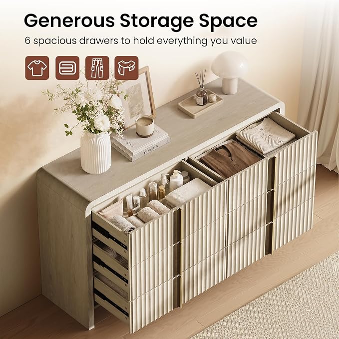 ModernMate Fluted 6 Drawer Dresser for Bedroom, 53.2" Wide Chest of Drawers, Modern Storage Cabinet with Anti-Tip Design, Wood Clothes Organizer with Metal Handles, White Alder