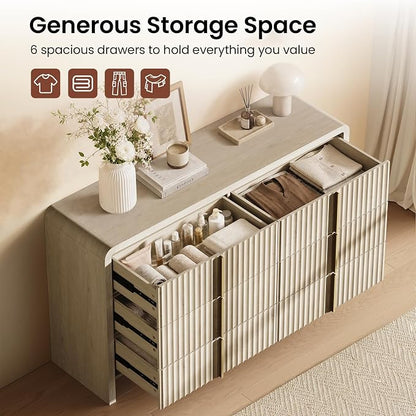 ModernMate Fluted 6 Drawer Dresser for Bedroom, 53.2" Wide Chest of Drawers, Modern Storage Cabinet with Anti-Tip Design, Wood Clothes Organizer with Metal Handles, White Alder