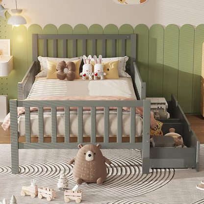 Bellemave Kids Twin Bed Frame with Fences and 2 Drawers, Twin Size Wooden Platform Bed with Guardrails on Both Sides for Boys Girls, Grey