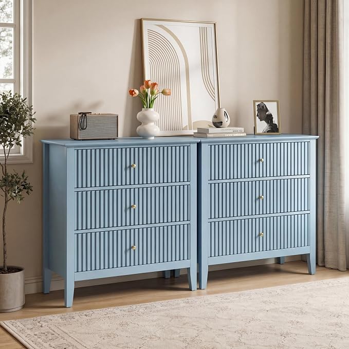 RoyalCraft Fluted 3 Drawer Dresser Set of 2, 32'' Wide Dresser Nightstand for Bedroom, Modern Wood Chest of Drawers, Large Painted Nightstand with 3 Drawers for Closet, Hallway, Entryway, Light Blue