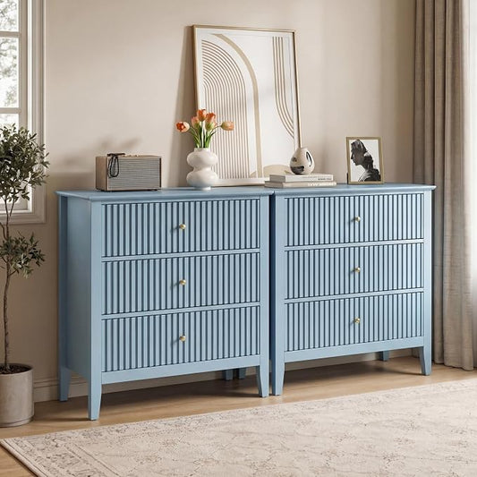 RoyalCraft Fluted 3 Drawer Dresser Set of 2, 32'' Wide Dresser Nightstand for Bedroom, Modern Wood Chest of Drawers, Large Painted Nightstand with 3 Drawers for Closet, Hallway, Entryway, Light Blue