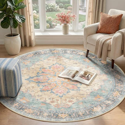 RELEANY Area Rugs Round 4ft Washable Non-Slip, Floral Vintage Distress Medallion Carpet for Living Room Bedroom Dining Room, Blue Orange Red