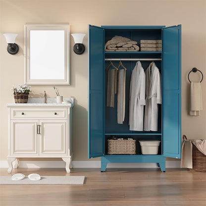Metal armoire Wardrobe Closet with Hanging Rod,71'' Metal Wardrobe Cabinet with 2 Doors and 2 Adjustable Shelves, Bedroom armoires,Laundry Room cabinets,armario de ropa Closet