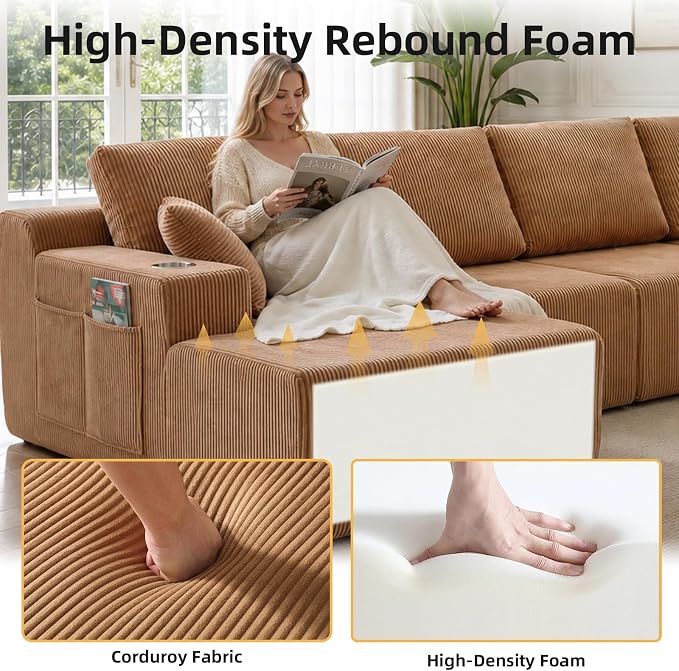 130" U-Shaped Modular Sectional Sofa with Chaise, Boneless Corduroy Flexible Module Seating for Living Room, Cloud Couch with Cup Holders and Side Pockets, No Assembly (Brown)