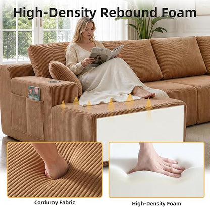 130" U-Shaped Modular Sectional Sofa with Chaise, Boneless Corduroy Flexible Module Seating for Living Room, Cloud Couch with Cup Holders and Side Pockets, No Assembly (Brown)