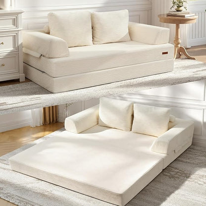 COMAX Futon Sofa Bed, Convertible Sofa Bed, Folding Boneless Couches | Boneless Couch for living room, 4‑in‑1 Fold Out Small Foldable Loveseat Floor Sleeper Mattress Lounge Space‑Saving, Beige