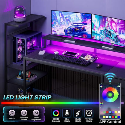 59 Inch Gaming Desk with Power Outlet and LED Lights, Computer Desk with 4 Drawers & Storage Shelves, Reversible Home Office Desk with Monitor Stand for Small Space Bedroom, Carbon Fiber Black
