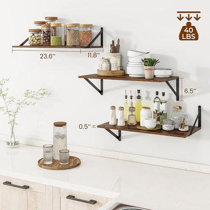 24"W x 12"D Wall Shelves for Books, 12 Inch Deep Floating Shelves Set of 3, Wide Floating Bookshelf with Metal Bracket for Living Room, Kitchen, Office, Bedroom and Decor Storage - Rustic Brown