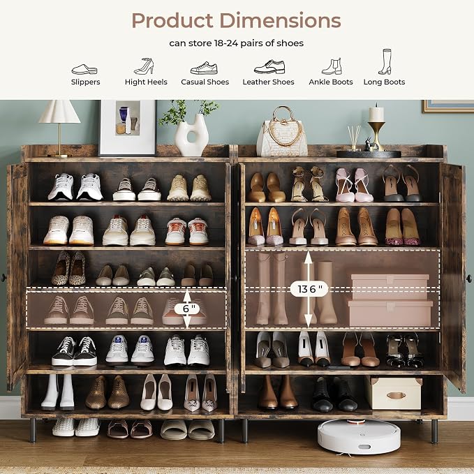 Shoe Storage Cabinet with 2 Doors, 6-Tier Shoe Cabinet with 3 Adjustable Shelves and Metal Legs, 45'' Tall Shoe Rack Organizer Cabinet for Entryway, Front Door, Rustic Brown