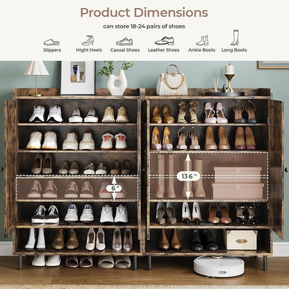 Shoe Storage Cabinet with 2 Doors, 6-Tier Shoe Cabinet with 3 Adjustable Shelves and Metal Legs, 45'' Tall Shoe Rack Organizer Cabinet for Entryway, Front Door, Rustic Brown