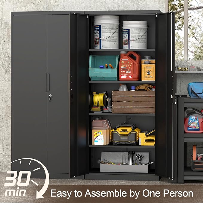GREATMEET Metal Garage Storage Cabinets with Lock Door and Adjustable Shelves, 71'' x 32'' x 17'' Black Steel Tool Cabinets for Home Office Warehouse