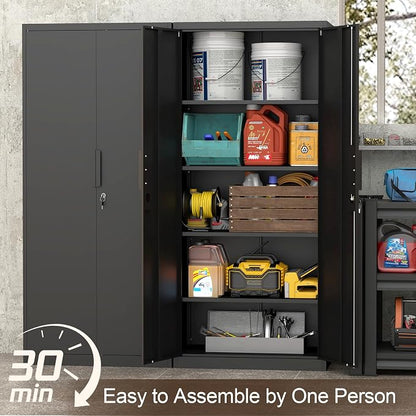 GREATMEET Metal Garage Storage Cabinets with Lock Door and Adjustable Shelves, 71'' x 32'' x 17'' Black Steel Tool Cabinets for Home Office Warehouse