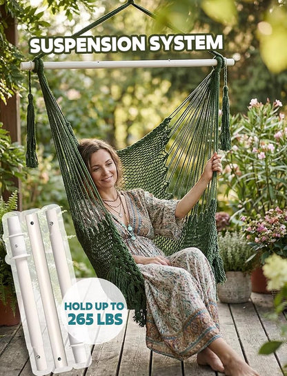 Chihee Hammock Chair Handmade Hanging Chair Cotton Rope Woven Hanging Seat Soft-Spun Large Stretch Hammock Swing, Collapsible Strong Metal Spreader Bar Elegant Macrame Comfort Indoor Outdoor Garden