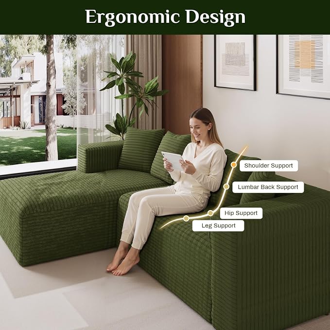 Oversized L Shaped Boneless Sectional Couches for Living Room, 107" Comfy Fluffy Cloud Modular Sectional Sofa, Plush Corduroy Memory Foam Floor Sofa with Left Facing Chaise Couch