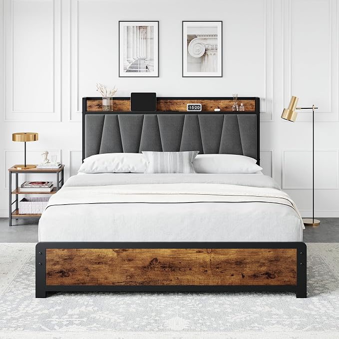 GAOMON Queen Size Bed Frame with Storage Linen Upholstered Headboard, 4 Drawers Platform Bed Frame with Charging Station, No Box Spring Needed, Easy Assembly, Vintage Brown
