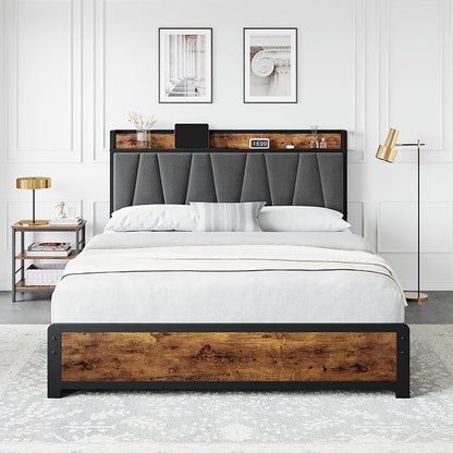 GAOMON Queen Size Bed Frame with Storage Linen Upholstered Headboard, 4 Drawers Platform Bed Frame with Charging Station, No Box Spring Needed, Easy Assembly, Vintage Brown