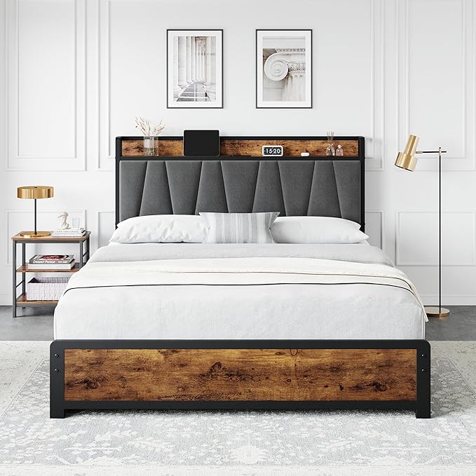 GAOMON Full Size Bed Frame with 4 Storage Drawers and Linen Upholstered Headboard, Full Platform Bed Frame with Charging Station, No Box Spring Needed, Easy Assembly, Vintage Brown