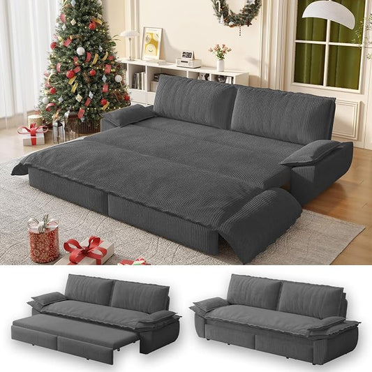 73.2" Sofa Bed Queen Size, Pull Out Couch Bed, 3-in-1 Convertible Sleeper Sofa with Cushion Armrest, Modern Corduroy Futon Couch for Living Room, Small Space, Apartment, Bedroom, Dark Grey