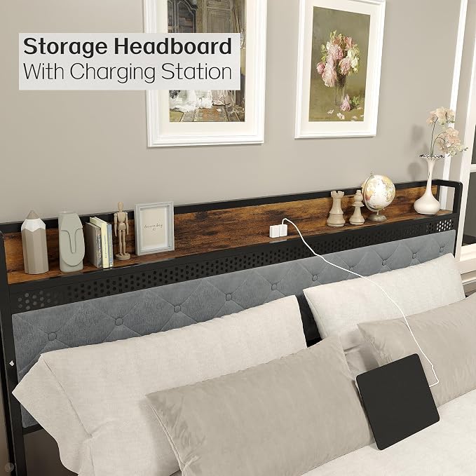 IDEALHOUSE King Size Bed Frame with Storage Headboard and 2 Drawers, Platform Metal King Bed Frame with LED Lights and Charging Station, Noise Free, No Box Spring Needed, Grey