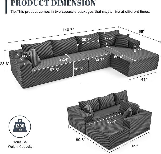 Mangodan 140” Cloud Sectional Couch, Boneless Sofa for Living Room, Modular Sectional Sofa with Deep Seat, Comfy Fluffy L-Shaped Couch with Right-Facing Chaise, No Assembly Required, Grey