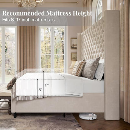 Jocisland Queen Size Bed Frame with 63" Tall Headboard, Upholstered Wingback Platform Design, Handcrafted Pleats & Deep Button Tufted, Solid Wood Legs, No Box Spring Needed, Cream