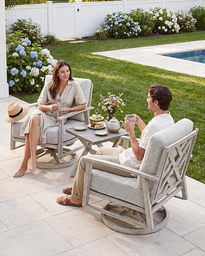Outdoor Swivel Sofa Chairs Set of 2, Never Rusts All-Aluminum Outdoor Swivel Armchairs Set with Thick Cushions, 2-Piece All Weather Patio Sofa Chairs for Garden, Poolside, Lawn, White Oak