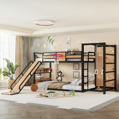 Bellemave Twin XL Bunk Bed with Basketball Hoop, Pull-up Rings and Climbing Wall, Twin XL Bunk Bed with Slide and Bookcase, Heavy Duty Bunk Beds with Guardrail, Natural