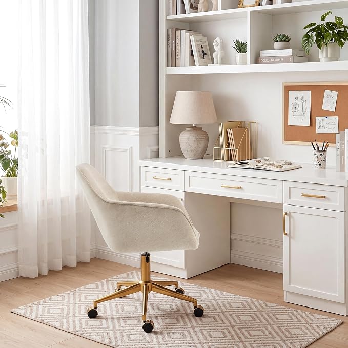 Zesthouse Vanity Chair with Wheels for Girl Women, Swivel Office Desk Chair | Beige Chenille Rolling Office Chair with Arms & Gold Base, Upholstered Fabric Desk Chair for Bedroom, Height Adjustable Chair