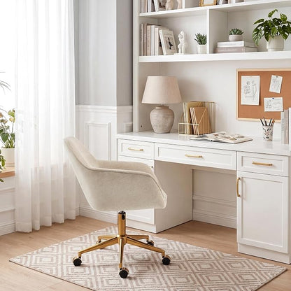 Zesthouse Vanity Chair with Wheels for Girl Women, Swivel Office Desk Chair | Beige Chenille Rolling Office Chair with Arms & Gold Base, Upholstered Fabric Desk Chair for Bedroom, Height Adjustable Chair