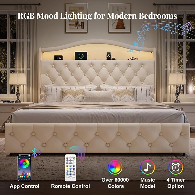 Queen Size Bed Frame and Headboard & 4 Storage Drawers, Upholstered Platform Bed Frame with RGB LED Lights & Charging Station, No Box Spring Needed, Easy Assembly, Noise-Free, Beige