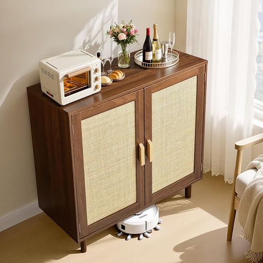 VEVOR Rattan Cabinet, Rattan Storage Cabinet with 2 Magnetic Doors and Adjustable Shelves, Accent Sideboard Buffet with Wooden Legs & Power Cord Hole for Hallway, Entryway, Living Room, Kitchen, Brown