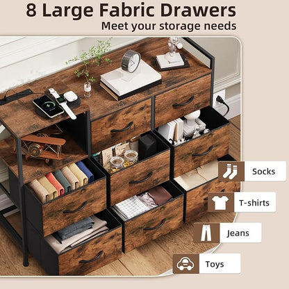 Somdot Dresser with Charging Station and Open Shelves,Dresser for Bedroom with 8 Drawers,Storage Cabinets Organization Units for Living Room,Hallway, Sturdy Metal Frame,Wood Top,Wood Grain Print