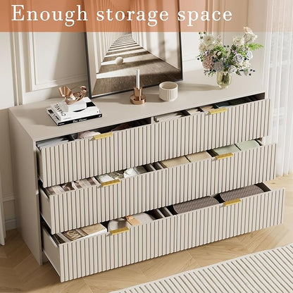 Furniway Beige Dresser for Bedroom, Modern Dresser with 6 Drawers and Smooth Slides, Wide Chest of Drawers with Golden Handles for Bedroom, Living Room, Closet, 15.7" D x 55.1" W x 31.4" H