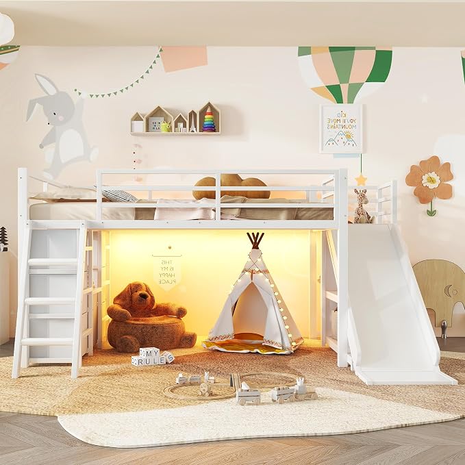 Bellemave Twin Size Loft Bed with 7 Non-Woven Fabric Drawers, Shelves and Wardrobe, Twin Loft Bed with Detachable Slide and Ladders, Low Profile Loft Beds with Lights, Noise Reduced Design White