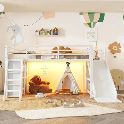 Bellemave Twin Size Loft Bed with 7 Non-Woven Fabric Drawers, Shelves and Wardrobe, Twin Loft Bed with Detachable Slide and Ladders, Low Profile Loft Beds with Lights, Noise Reduced Design White
