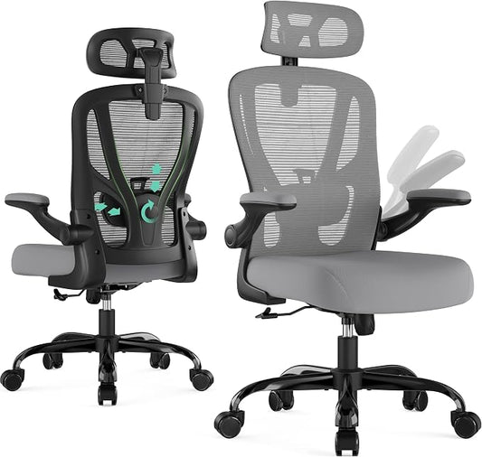 Office Chair Ergonomic Desk Chair - Mesh High Back Office Chair with Headrests Wheels Lumbar Support Home Desk Office Chairs Flip up Armrest Executive Rolling Computer Chair Black Gray