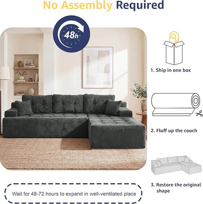 Hobestluk Modular Sectional Sofa Couches L-Shape Couch 3 Seat Modular Sofa Memory Foam Sectional Couches for Living Room, Cloud Couch with Oversized Chaise (Charcoal Corduroy, 96", Right Hand Facing)