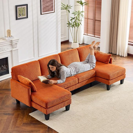 VINGLI 108" W U-Shaped Sectional Couches for Living Room, Sturdy Wooden Armrest Corduroy Cloud Couch with Double Chaise, High Support Modern 4-Seat Sectional Sofa for Apartment, Offices, Orange