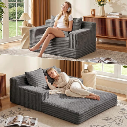 Erament Boneless Loveseat Convertible Sofa Bed, Folding Floor Futon Sleeper Sofa Couch Bed- Boneless Foldable Couch, Corduroy Pull Out Sofa Bed with 2 Pillows for Living Room & Bedroom
