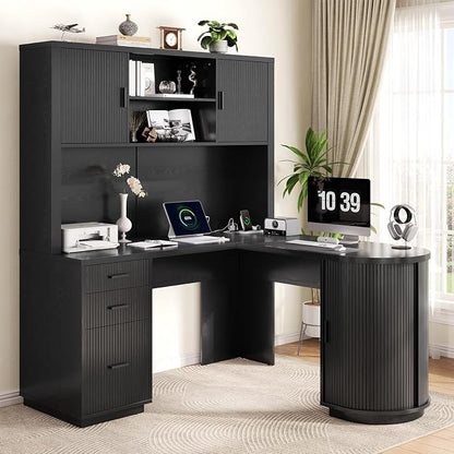 ONBRILL 70.87“H L Shaped Executive Desks with Hutch, Fluted Corner Desk with 3 Drawers & Charging Outlets, Mid-Century Wood Home Office Desk with Sliding Door for Work and Study,Black